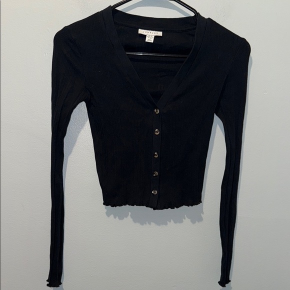 Topshop XS Black Long Sleeve Button-Up Cropped Top - Picture 2 of 9